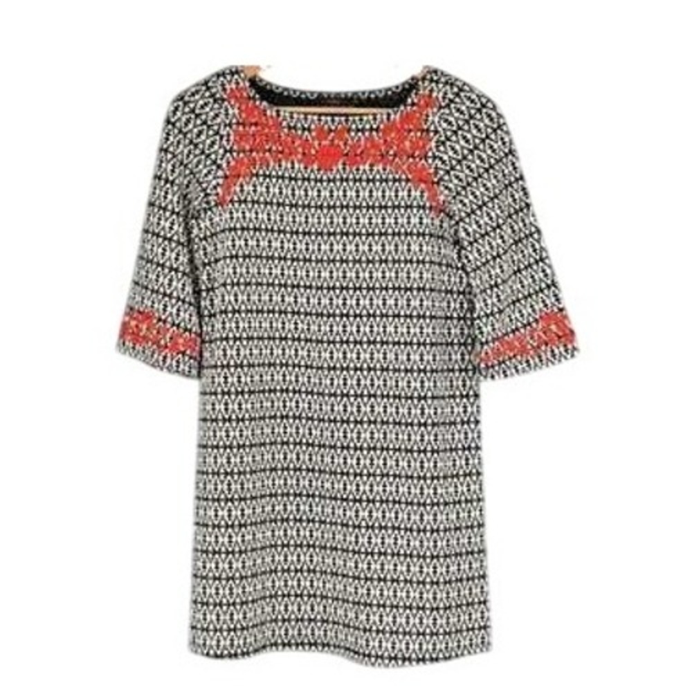 L Anthropologie THML black white Carrie Dress orange embroidered flowers